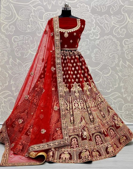 Unique Red Color Zari Damond Work Designer Velvet Function Wear Lehenga Choli