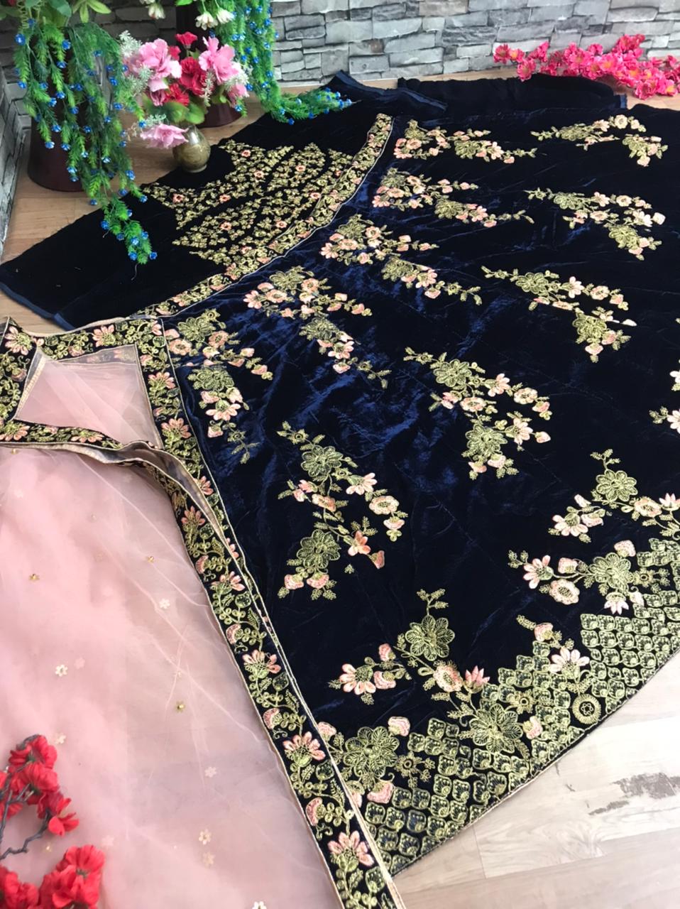 Demanding Navy Blue Color Bridal Wear Velvet Embroidered Coding Work Lehenga Choli