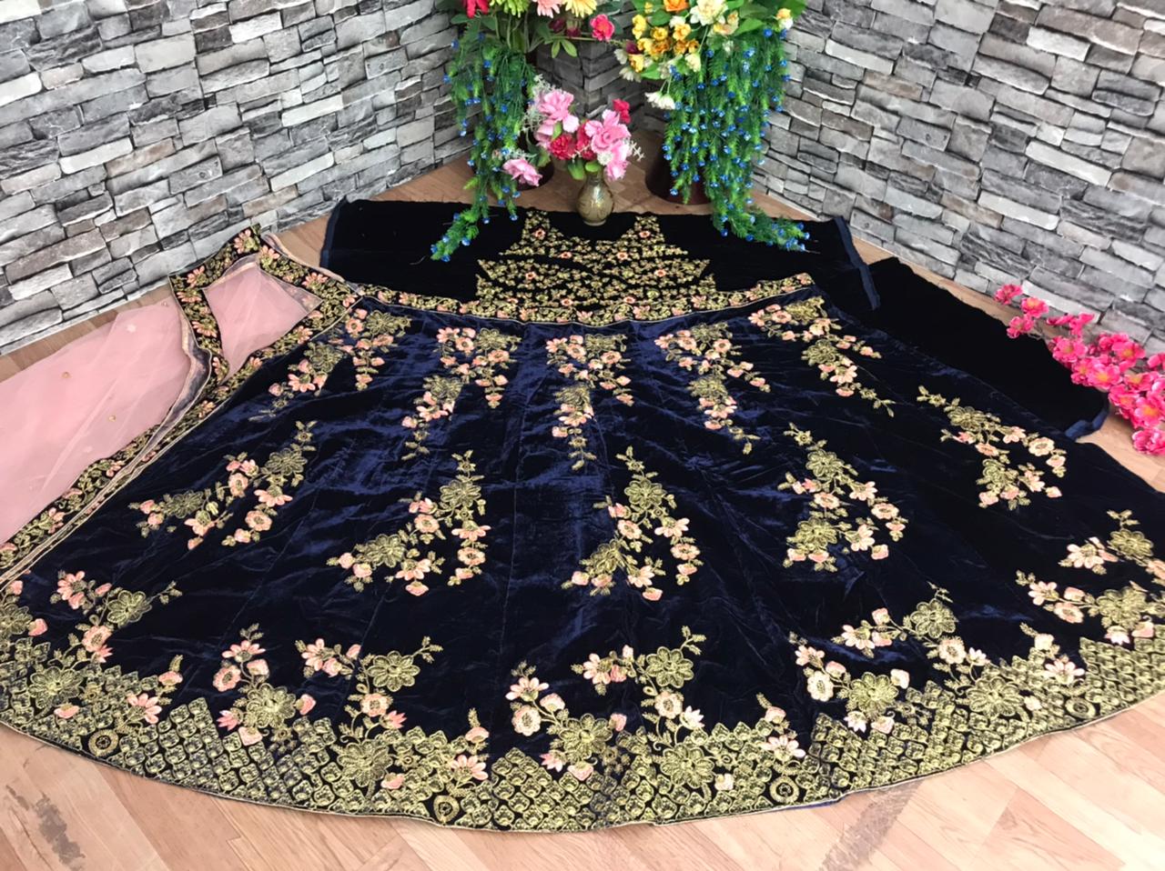 Demanding Navy Blue Color Bridal Wear Velvet Embroidered Coding Work Lehenga Choli