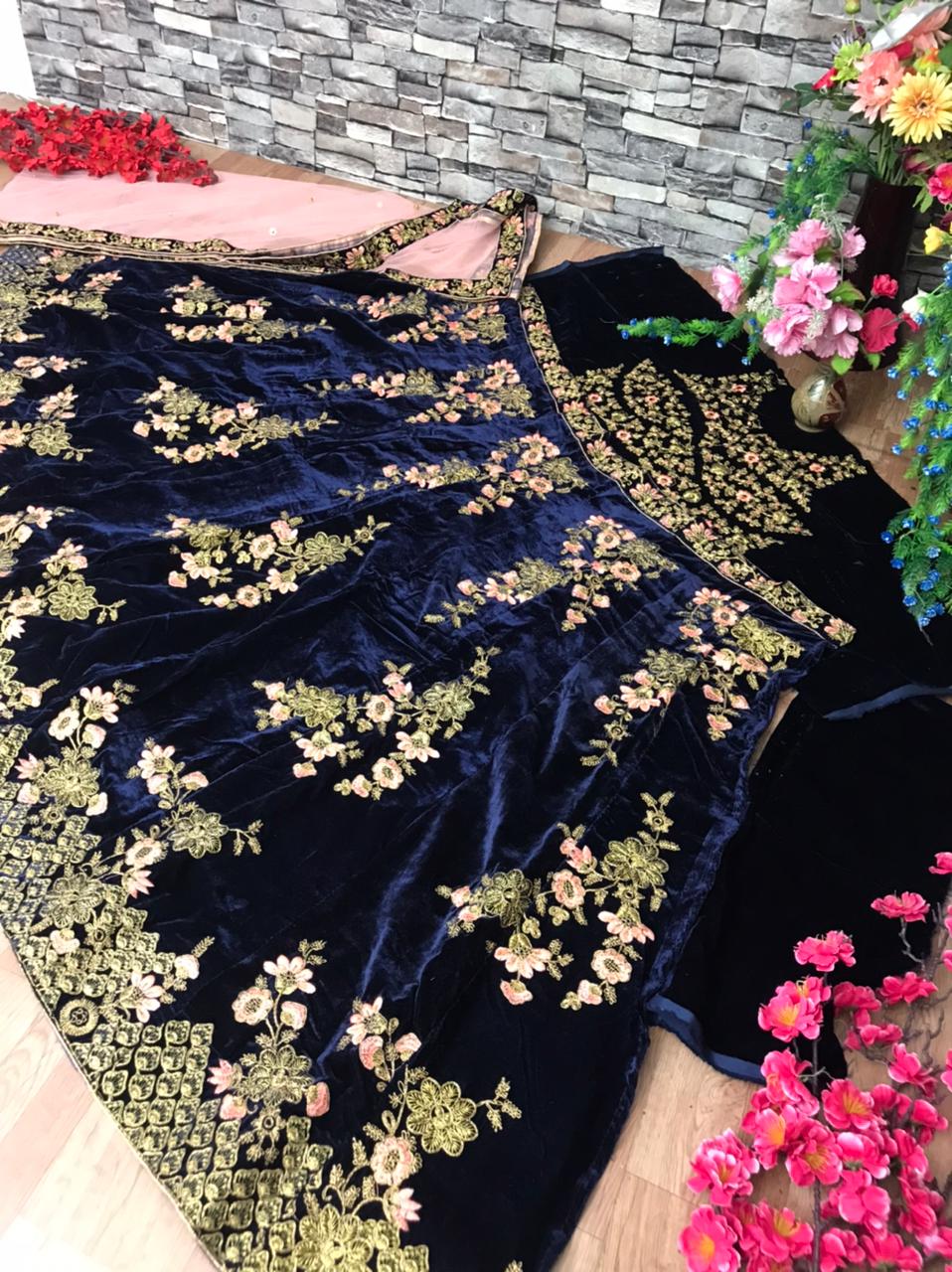 Demanding Navy Blue Color Bridal Wear Velvet Embroidered Coding Work Lehenga Choli