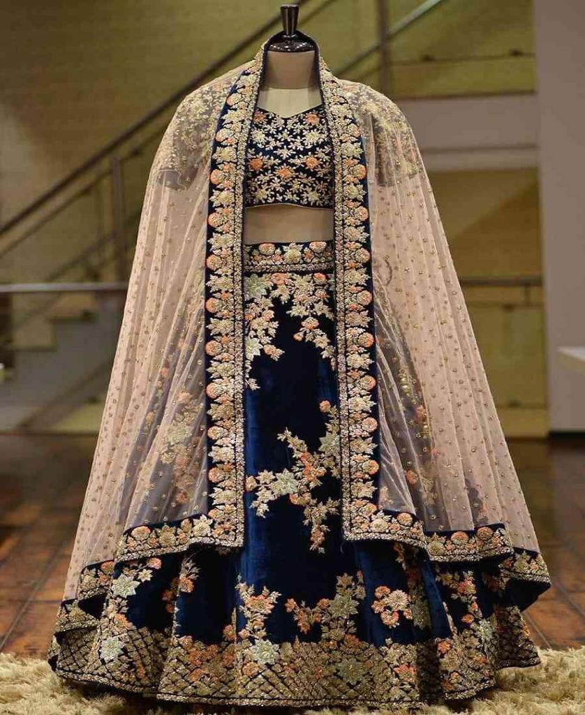 Demanding Navy Blue Color Bridal Wear Velvet Embroidered Coding Work Lehenga Choli
