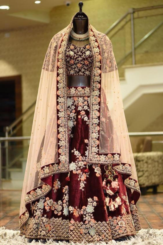 Flattering Maroon Color Velvet Coding Embroidered Work Designer Function Wear Lehenga Choli