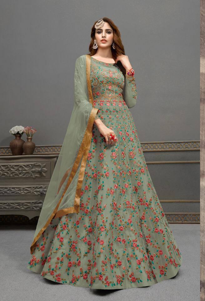 Prominent Green Color Stitched Embroidered Work Net Salwar Suit For Women
