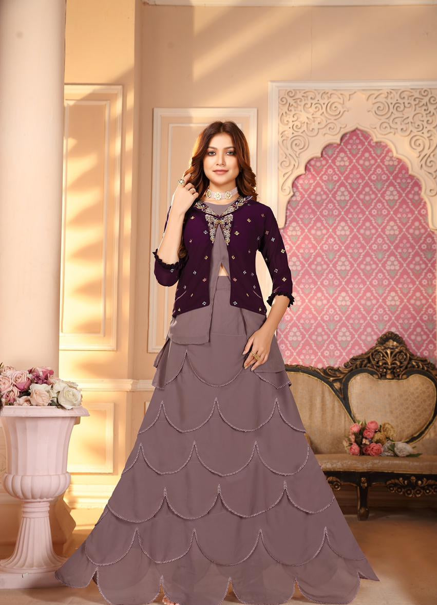 Flaunt Wine Color Festive Wear Georgette Embroidered Work Indo Western Lehenga