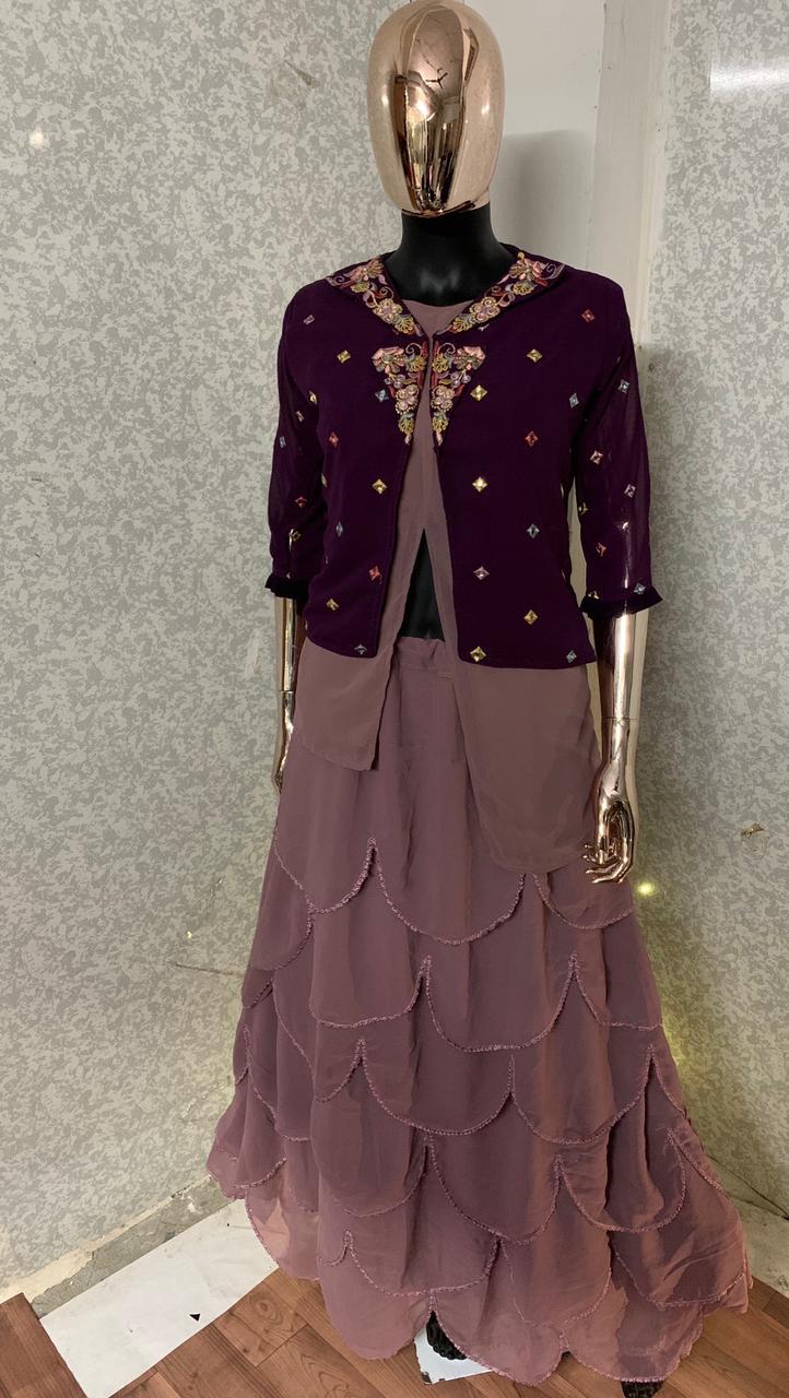 Flaunt Wine Color Festive Wear Georgette Embroidered Work Indo Western Lehenga