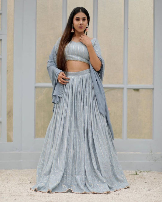 Alluring Grey Color Wedding Wear Sequence Work Georgette Lehenga Choli