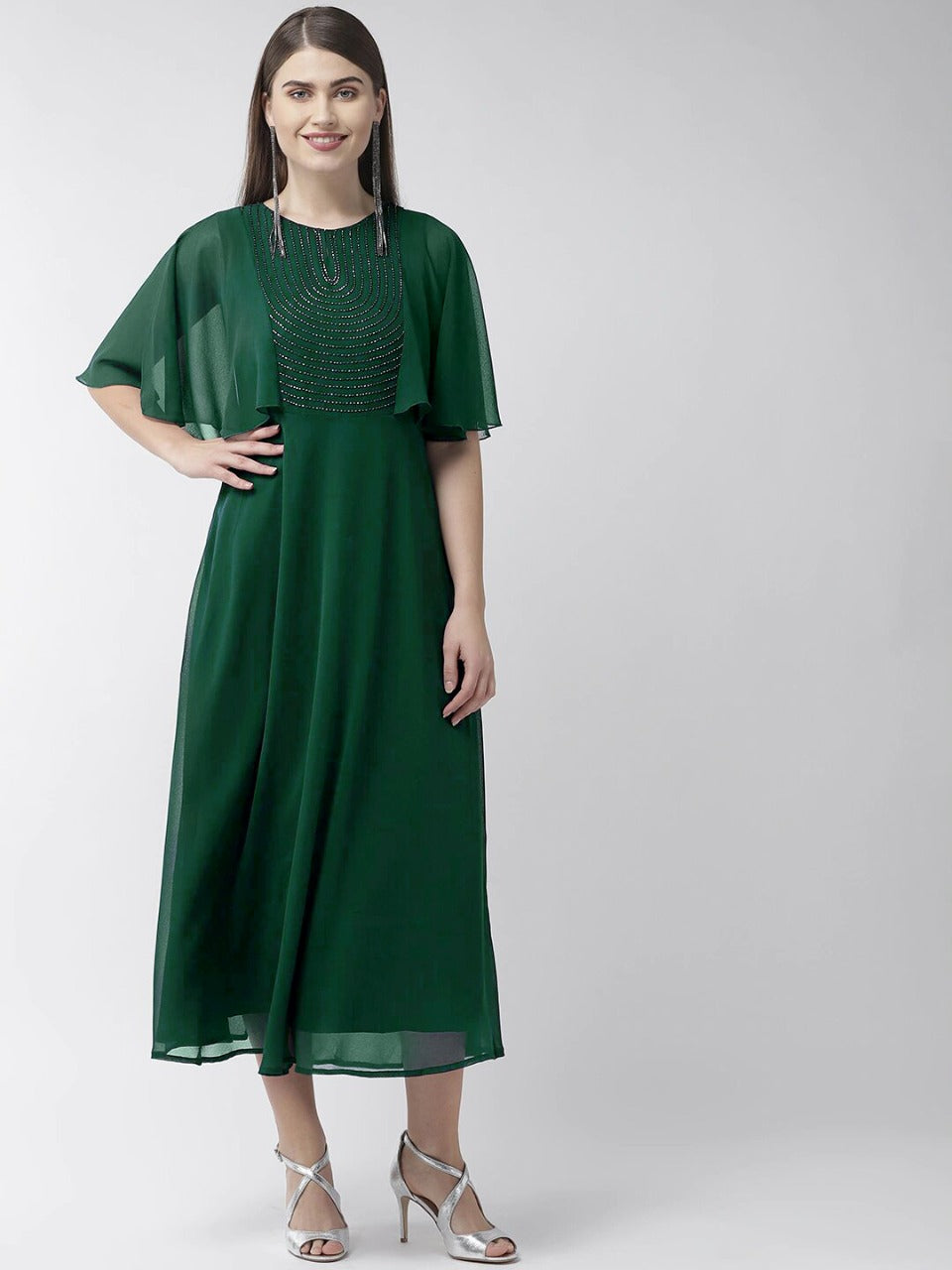 Elegant Bottle Green Color Ready Made Hand Work Georgette Party Wear Gown