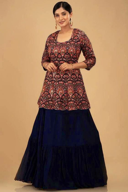 Desirable Navy Blue Color Georgette Sequence Work Indo Western Lehenga