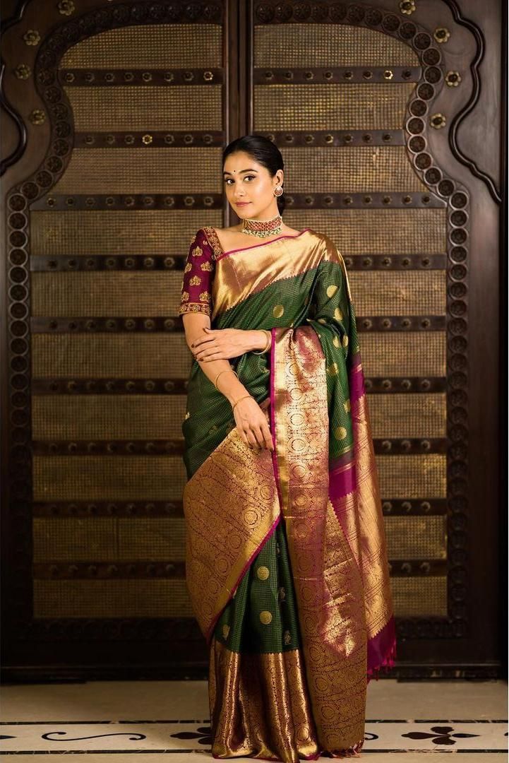 Fantastic Green Color Kanchipuram Banarasi Silk Zari Work Wedding Wear Saree Blouse