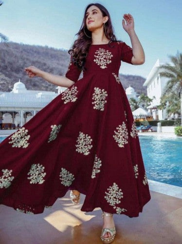 Wonderful Maroon Color Rayon Printed Work Ready Made Gown