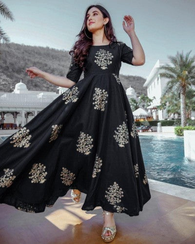 Awesome Black Color Rayon Foil Printed Full Stitched Gown For Women