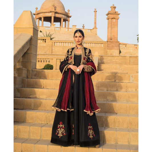 Trendy Black Color Wedding Wear Art Silk Embroidered Work Indo Western