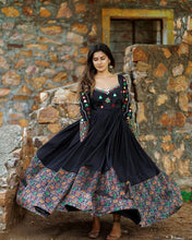 Load image into Gallery viewer, Shattering Black Color Ready Made Silk Mirror Embroidered Work Gown
