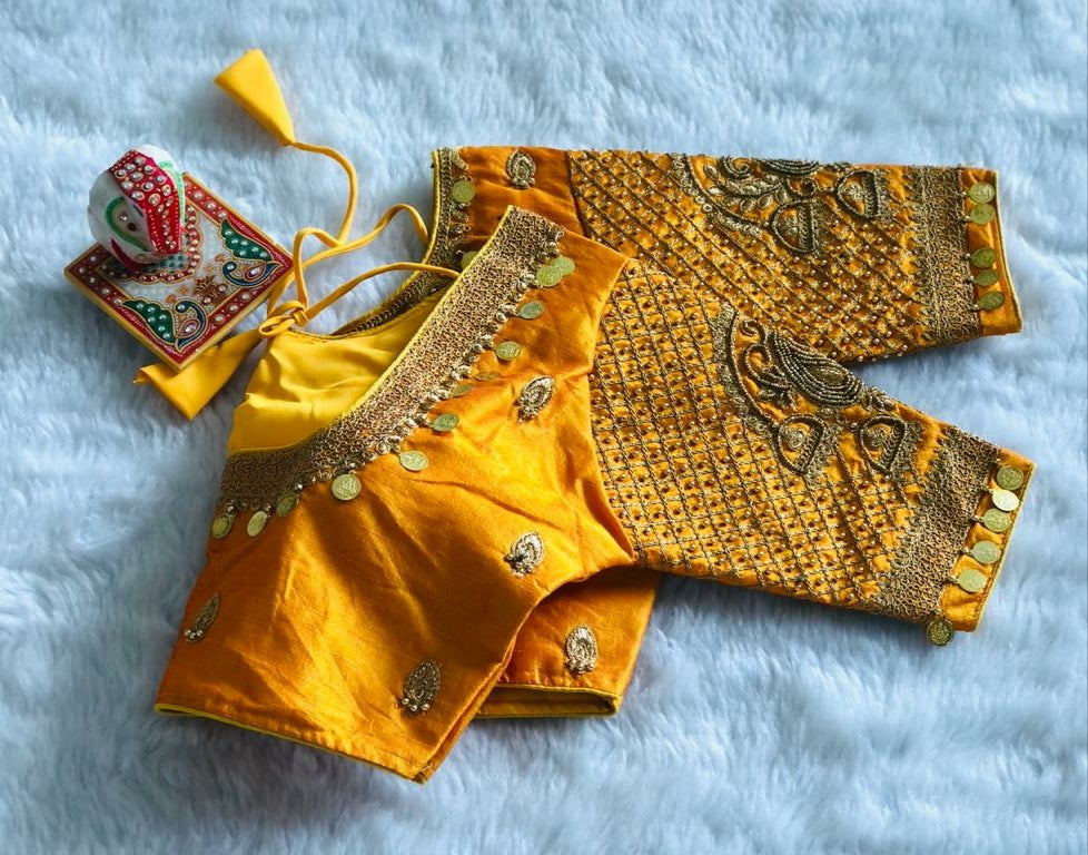 Sophisticated Yellow Color Silk Designer Aari Work Ready Made Blouse