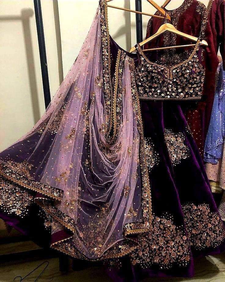 Outstanding Wine Color Velvet Designer Embroidered Work Festive Wear Lehenga Choli