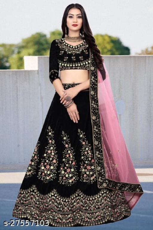 Stylish Black Color Velvet Design Embroidered Work Festive Wear Lehenga Choli