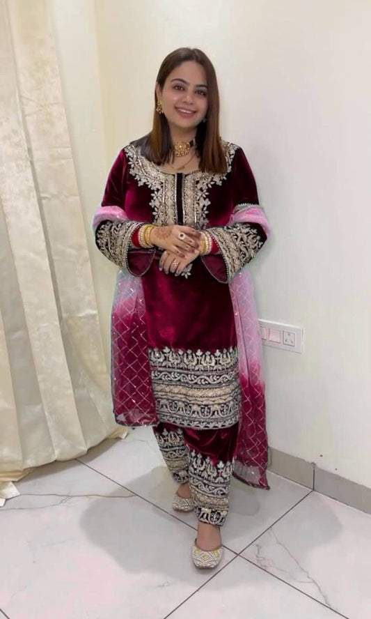 Punjabi Viscose Velvet Full Stitched Embroidered Work Designer Salwar Suit