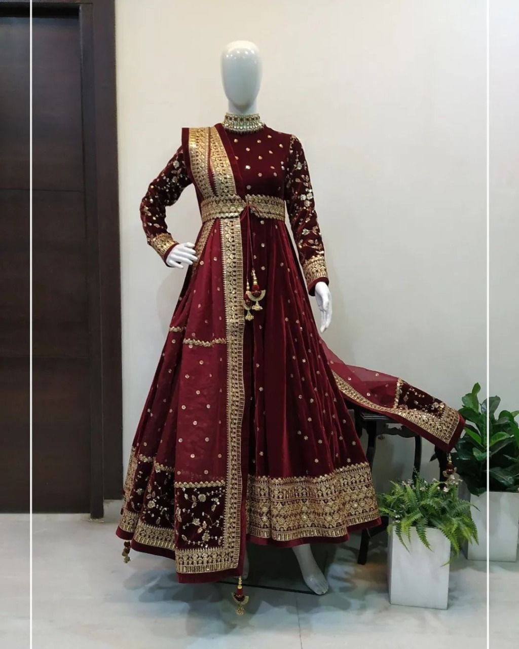 Maroon Color Velvet Embroidered Ready To Wear Gown