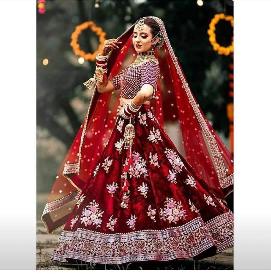 Wedding Wear Red Color Designer Velvet Embroidered Work Lehenga Choli For Women