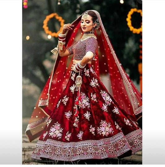 Wedding Wear Red Color Designer Velvet Embroidered Work Lehenga Choli For Women