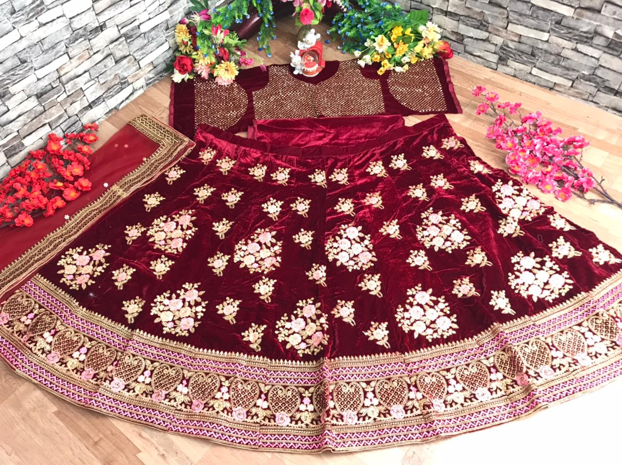 Wedding Wear Red Color Designer Velvet Embroidered Work Lehenga Choli For Women
