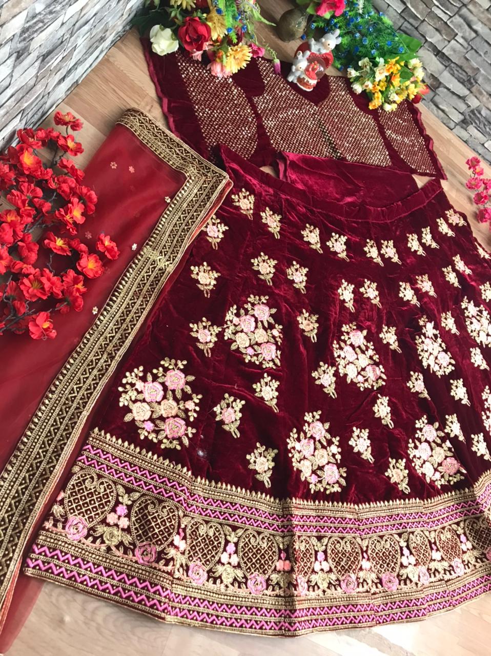 Wedding Wear Red Color Designer Velvet Embroidered Work Lehenga Choli For Women