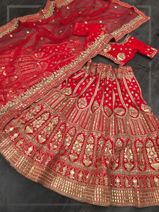 Bridal Wear Red Color Fancy Velvet Designer Sequence Stone Zari Embroidered Thread Work Lehenga Choli