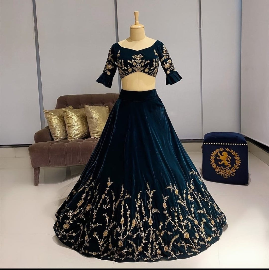 Blue Velvet Lehenga Choli Indian Lengha Chunni Designer Lehanga Skirt Top  Dress | eBay