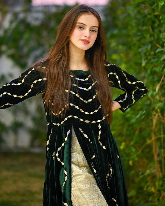 Dark Green Velvet with Real Mirror Work Stitched Long Kurta with Pant For Girls