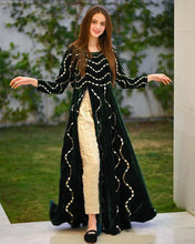 Load image into Gallery viewer, Dark Green Velvet with Real Mirror Work Stitched Long Kurta with Pant For Girls
