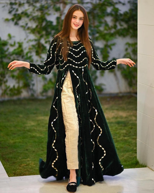 Dark Green Velvet with Real Mirror Work Stitched Long Kurta with Pant For Girls