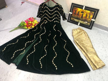 Load image into Gallery viewer, Dark Green Velvet with Real Mirror Work Stitched Long Kurta with Pant For Girls
