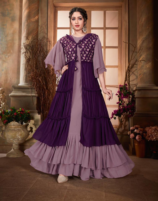 Wonderful Wine Color Faux Georgette Embroidered Jacket Gown For Women
