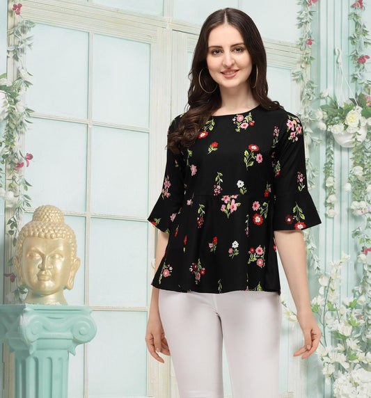 Pretty Black Color Full Stitched American Crape Digital Printed Top For Women