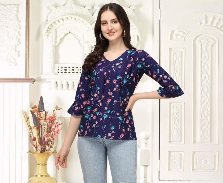 Extraordinary Blue Color Festive Wear Digital Printed Crape American Design Top