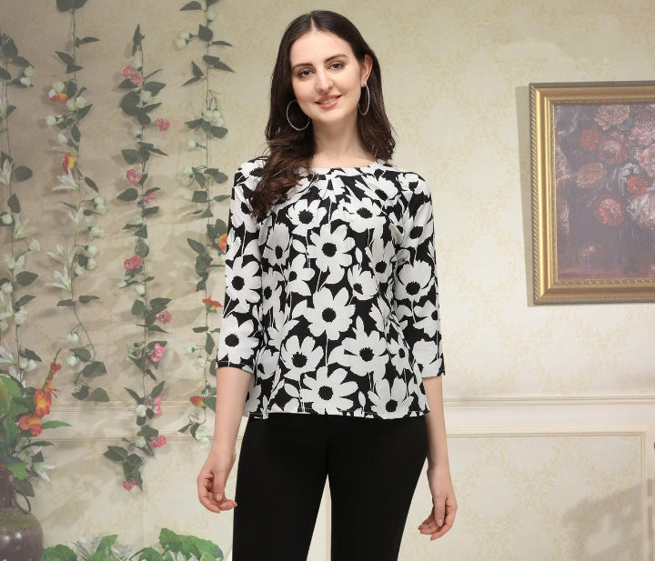 Eye-catching White Color Full Stitched American Crape Digital Printed Top