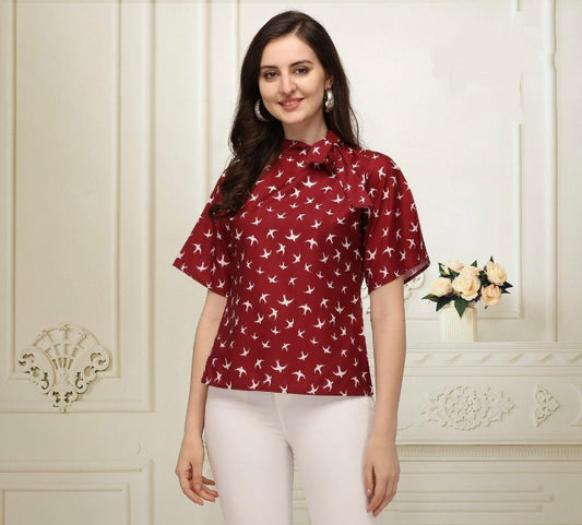 Fantastic Maroon Color Design Digital Printed American Crape Top