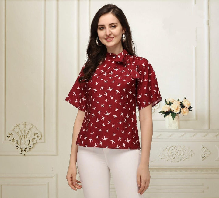 Fantastic Maroon Color Design Digital Printed American Crape Top