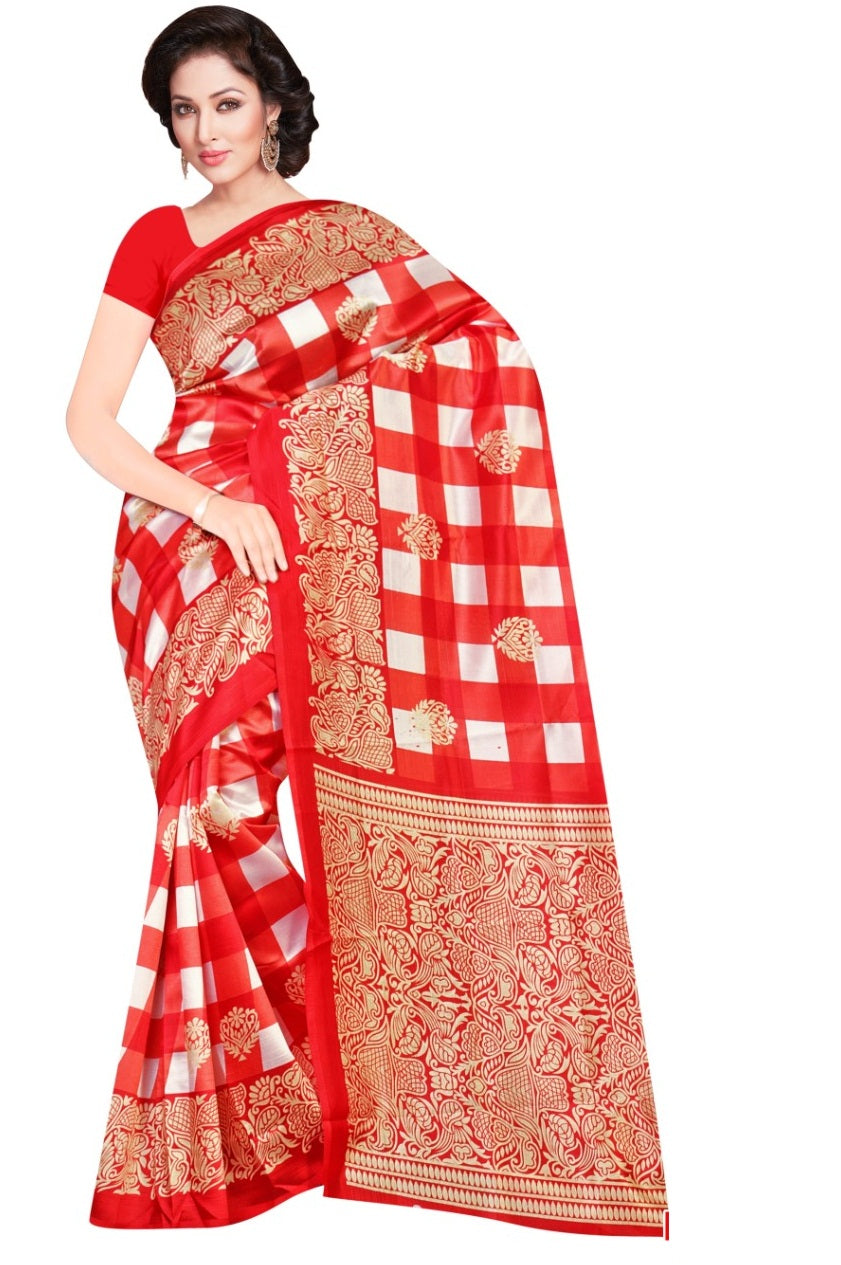 Red Checks Lichi Silk Printed Sari Design
