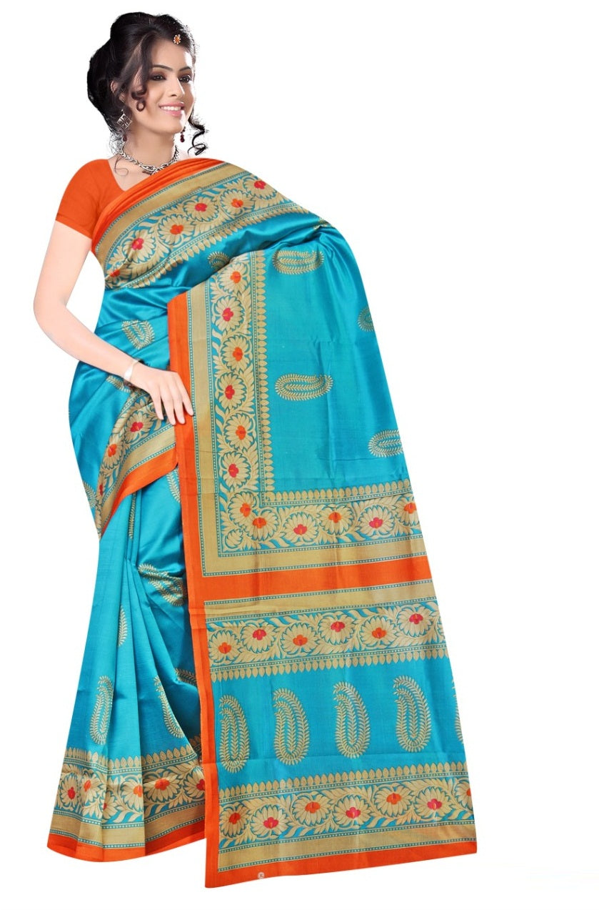 Classic Firozi Color Lichi Silk Printed Saree Blouse For Function Wear