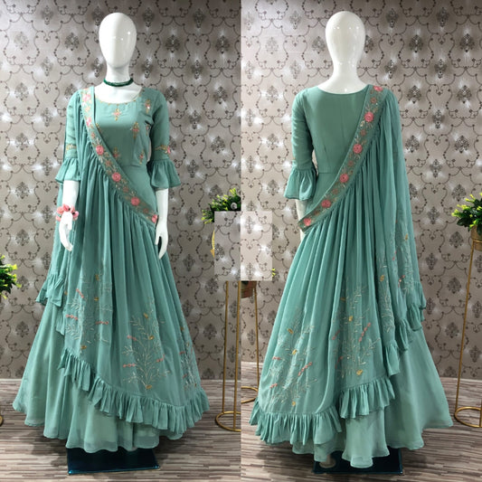 Stylish Georgette Thread Zari Sequence Work Full Stitched Gown with Shrug