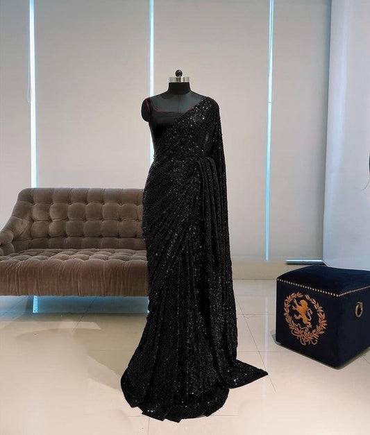 Wedding Wear Black Color Georgette Full Sequence Work Saree Blouse For Women