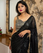 Load image into Gallery viewer, Glorious Black Color Full Sequence Work Saree with Blouse For Stylish Women
