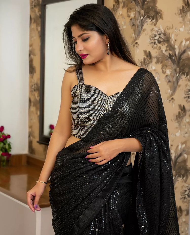 Glorious Black Color Full Sequence Work Saree with Blouse For Stylish Women