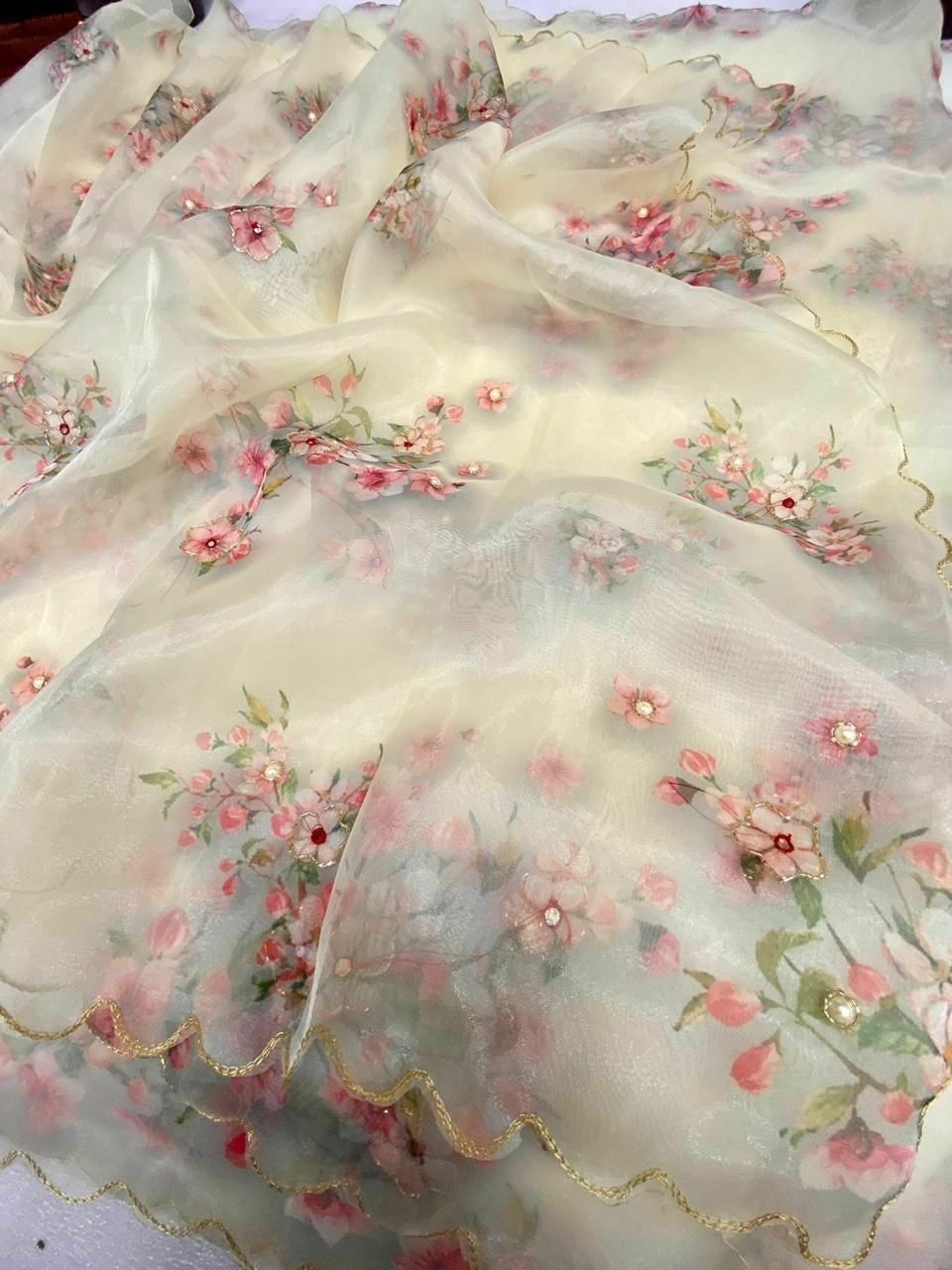 Party Wear Organza Silk Digital Print Hand Work Saree Blouse