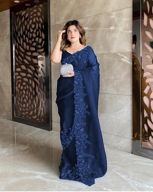 Party Wear Royal Blue Heavy Organza Silk Multi Thread Cut Work Saree Blouse For Function Wear
