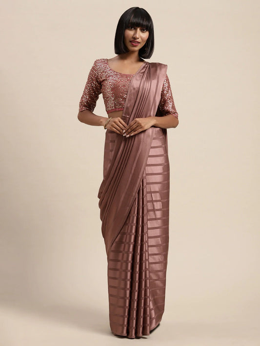 Chocolate Color Georgette Satin Patta Saree with Heavy Work Blouse