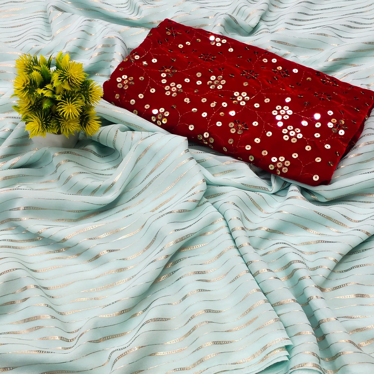 Stylish Light Color Georgette All Over Foil Print Designer Sari with Velvet Work Blouse