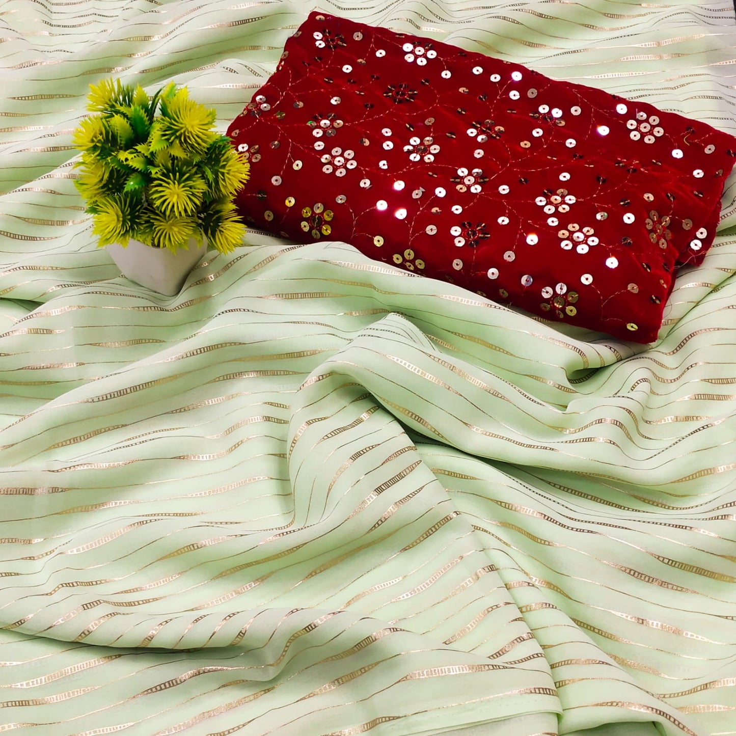 Stylish Light Color Georgette All Over Foil Print Designer Sari with Velvet Work Blouse