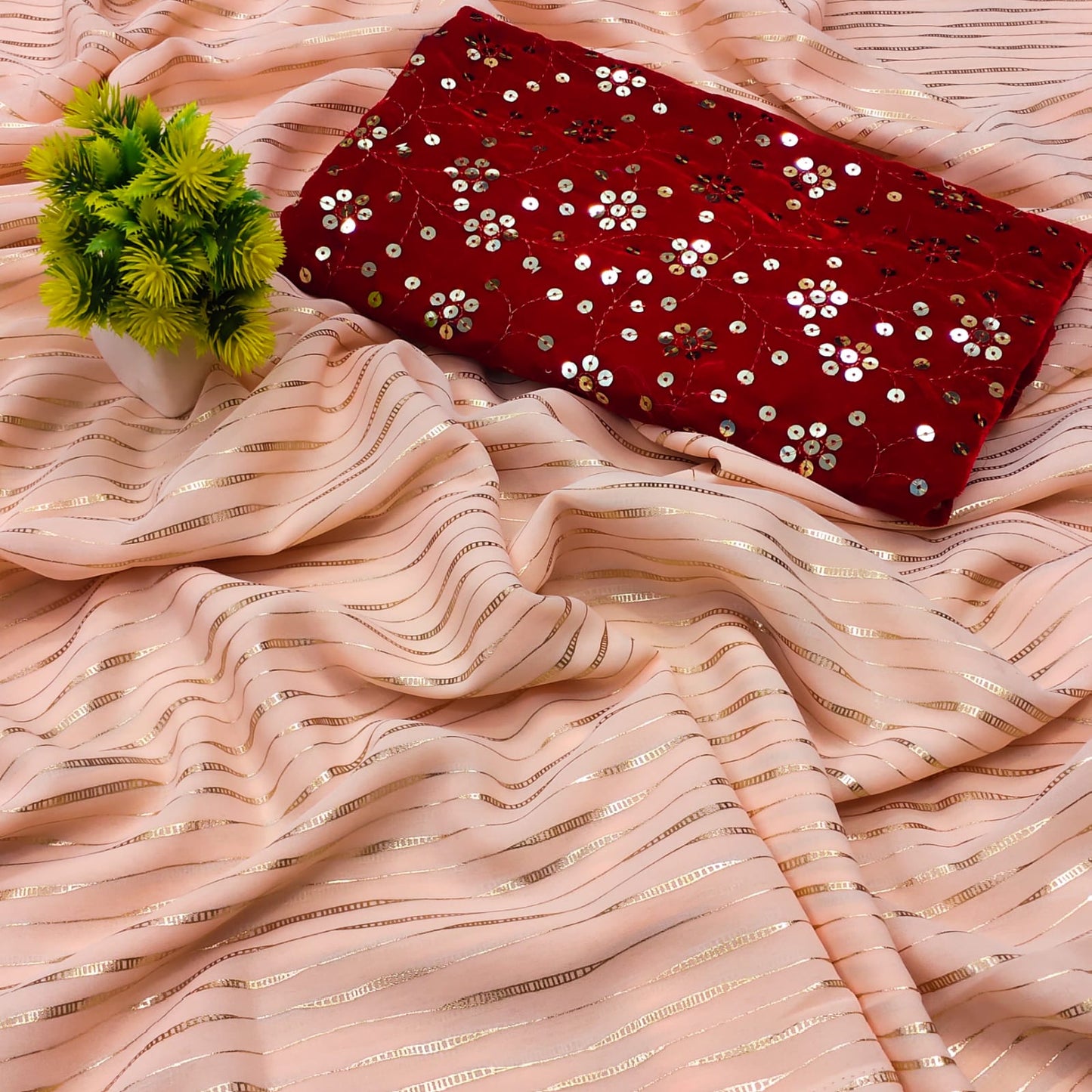 Stylish Light Color Georgette All Over Foil Print Designer Sari with Velvet Work Blouse